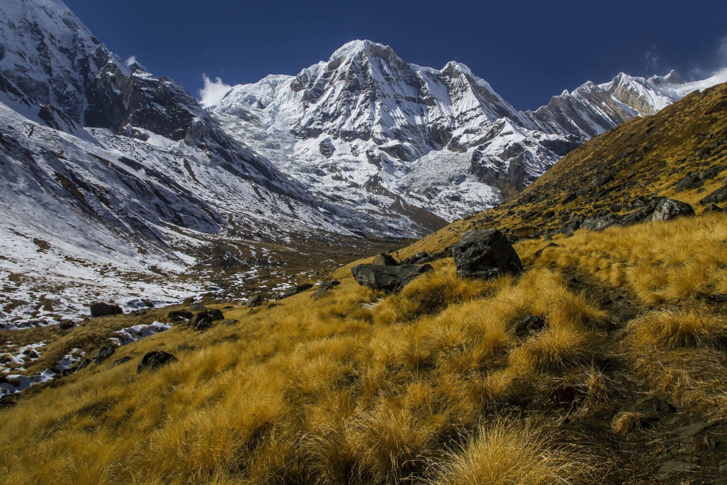 Annapurna Base Camp Trek; Surrounded by snowy Himalayan peaks and glacier views.